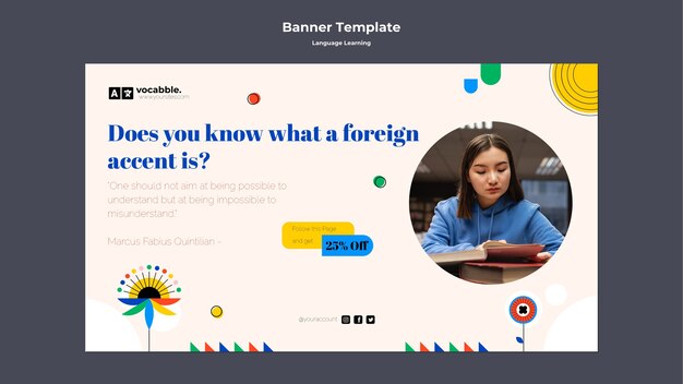 Plantilla de banner horizontal de clases de idiomas con flores abstractas