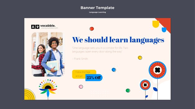 Plantilla de banner horizontal de clases de idiomas con flores abstractas