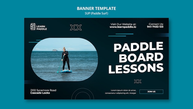 Plantilla de banner horizontal de clases de paddleboarding