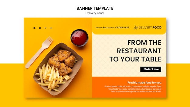 Plantilla de banner horizontal de comida a domicilio