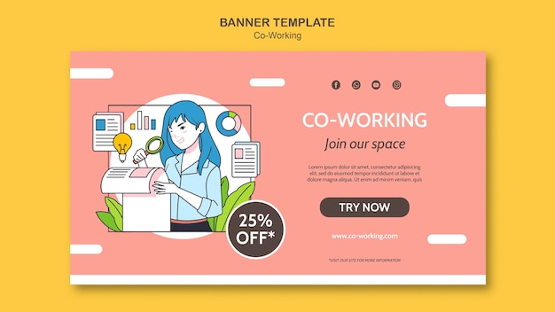 Plantilla de banner horizontal de coworking