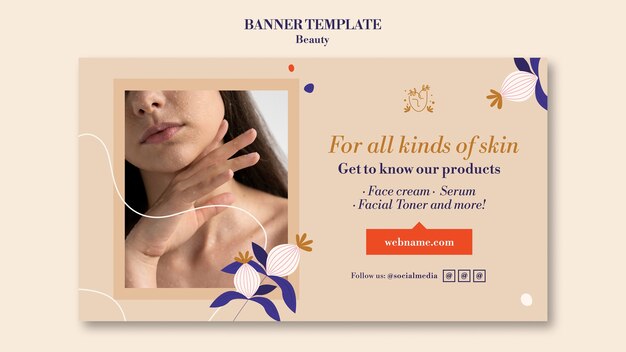 Plantilla de banner horizontal de cuidado de la piel y belleza con flores y hojas