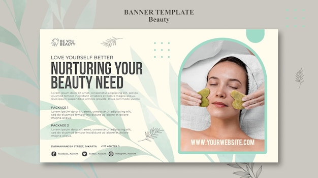 PSD gratuito plantilla de banner horizontal para cuidado de la piel y belleza con mujer.