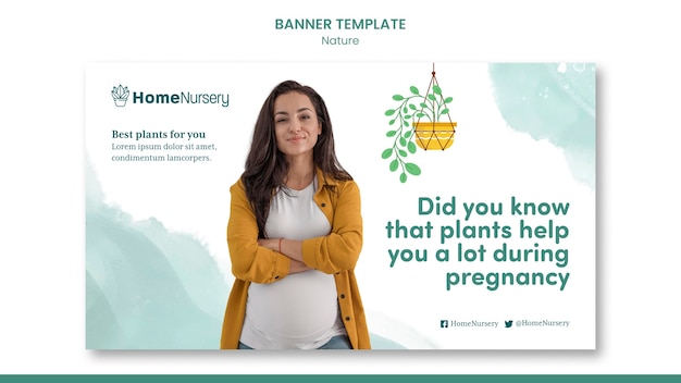 PSD gratuito plantilla de banner horizontal para el cuidado de plantas de interior con mujer