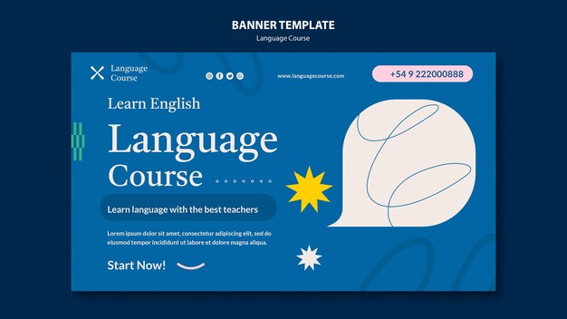 Plantilla de banner horizontal de curso de idiomas con garabatos abstractos