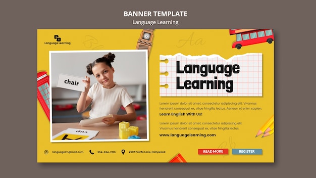 Plantilla de banner horizontal de cursos de aprendizaje de inglés con elementos en inglés