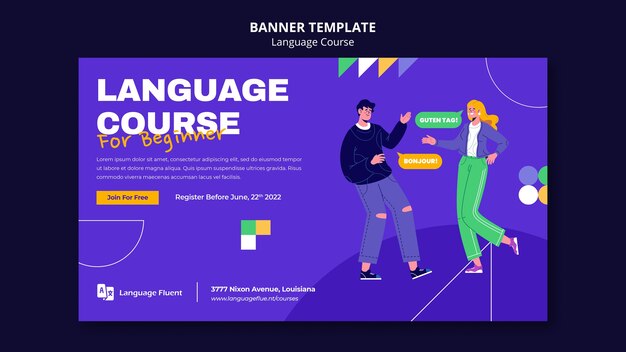 Plantilla de banner horizontal de cursos de idiomas con personas y formas geométricas