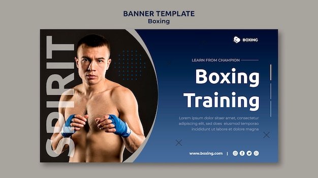 PSD gratuito plantilla de banner horizontal para deporte de boxeo con boxeador masculino