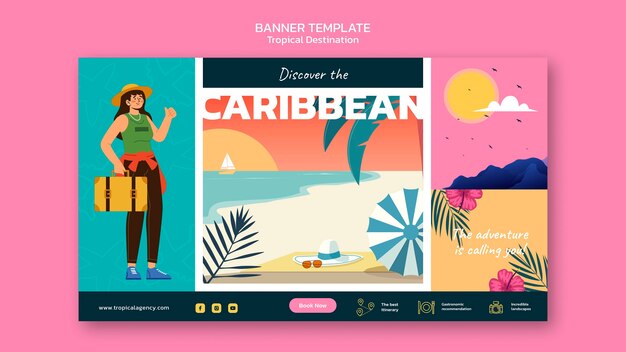 Plantilla de banner horizontal de destino de viaje caribeño