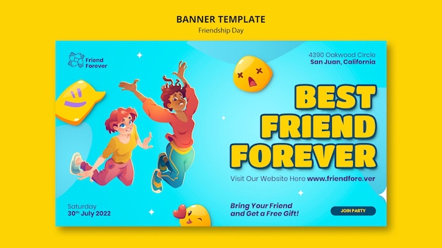 Plantilla de banner horizontal del día de la amistad con gente de dibujos animados saltando en el aire