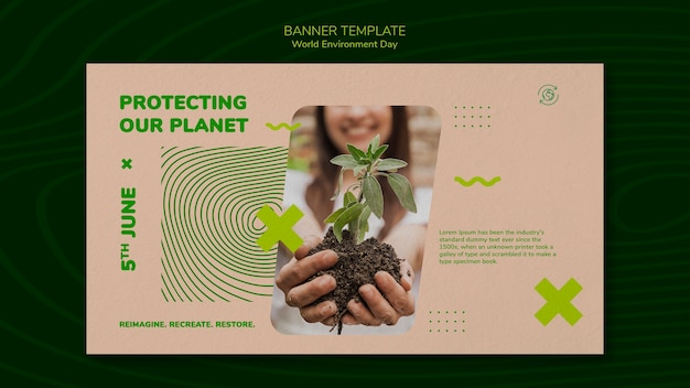 Plantilla de banner horizontal del día mundial del medio ambiente con persona que sostiene la planta en la tierra