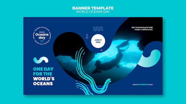 Plantilla de banner horizontal del día mundial de los océanos con persona buceando