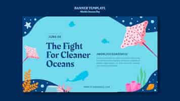 PSD gratuito plantilla de banner horizontal del día mundial de los océanos con vida marina