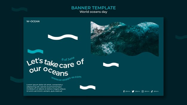 Plantilla de banner horizontal del día mundial de los océanos