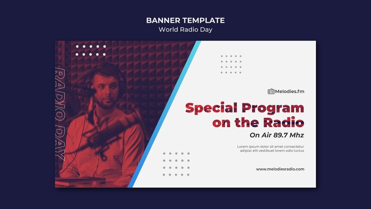 PSD gratuito plantilla de banner horizontal para el día mundial de la radio con locutor masculino