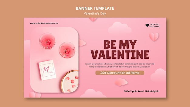 Plantilla de banner horizontal para el día de san valentín con bebidas.