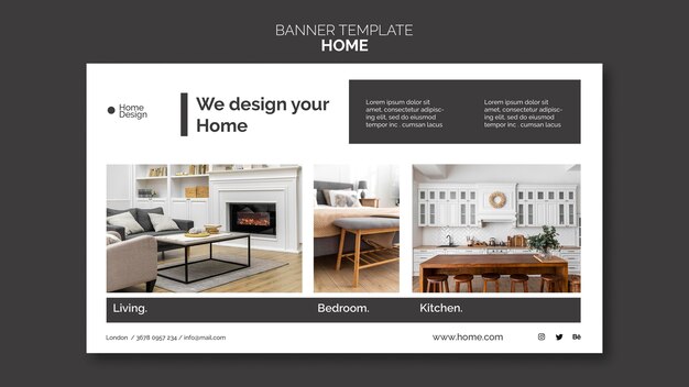Plantilla de banner horizontal para el diseño de interiores de una casa con muebles