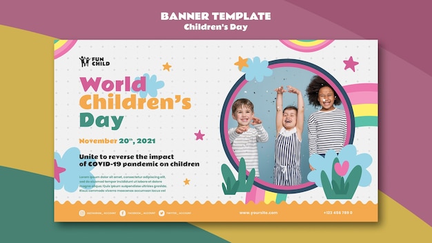 PSD gratuito plantilla de banner horizontal divertido para el día de los niños coloridos