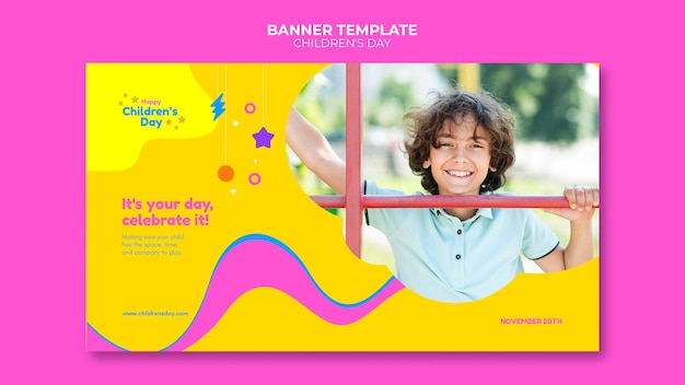 Plantilla de banner horizontal divertido para el día de los niños coloridos