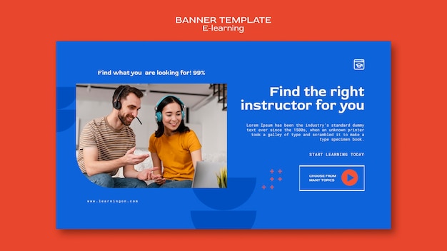 Plantilla de banner horizontal de e-learning y clases a distancia en línea
