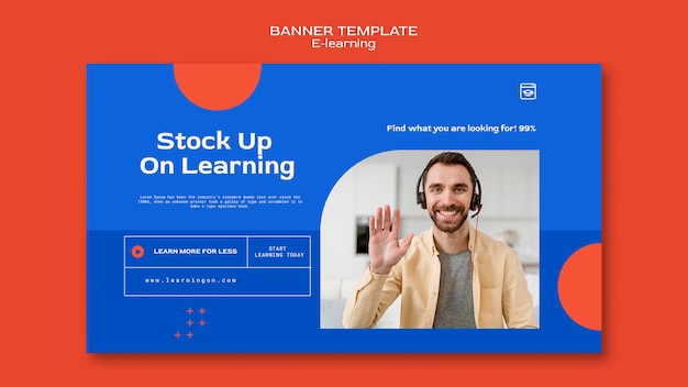 Plantilla de banner horizontal de e-learning y clases a distancia en línea