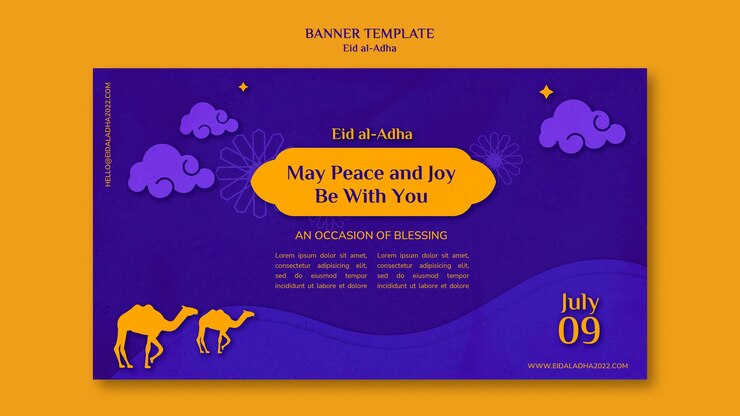 PSD gratuito plantilla de banner horizontal de eid al-adha con camellos y nubes