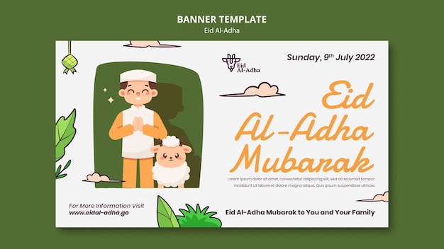 Plantilla de banner horizontal de eid al-adha con personas rezando