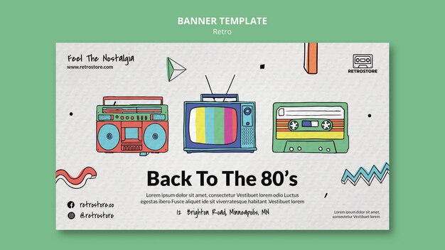 Plantilla de banner horizontal con elementos retro