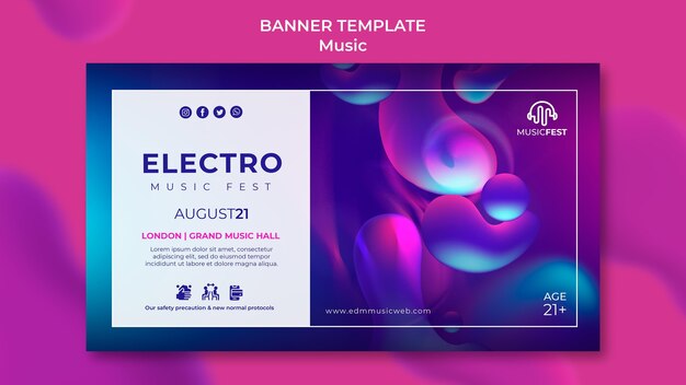 Plantilla de banner horizontal para festival de música electro con formas de efecto líquido de neón