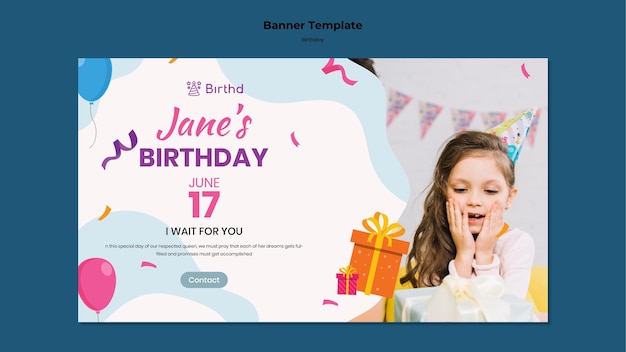 Plantilla de banner horizontal de fiesta de cumpleaños para niños