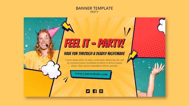 PSD gratuito plantilla de banner horizontal de fiesta de estilo cómic