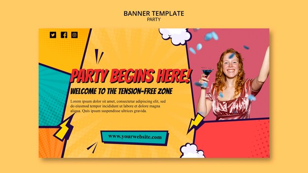 Plantilla de banner horizontal de fiesta de estilo cómico