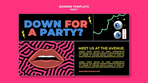 Plantilla de banner horizontal de fiesta nocturna en estilo retro