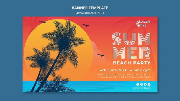 Plantilla de banner horizontal para fiesta en la playa de verano