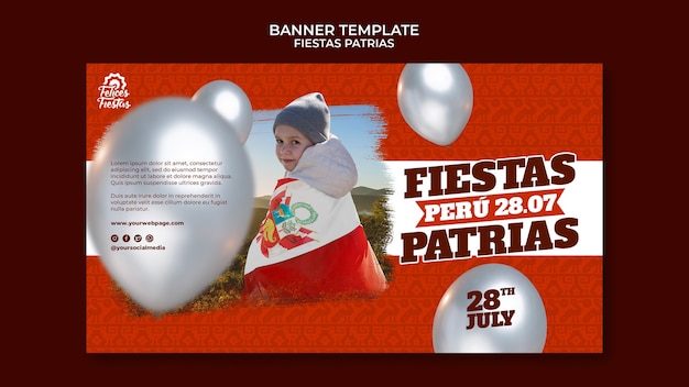 Plantilla de banner horizontal de fiestas patrias con diseño de globos
