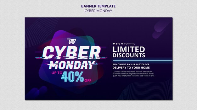 Plantilla de banner horizontal futurista de cyber monday