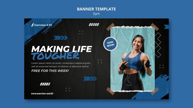 Plantilla de banner horizontal para gimnasio con atleta femenina
