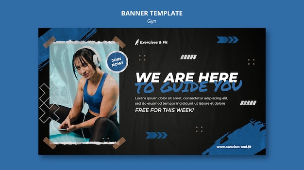 PSD gratuito plantilla de banner horizontal para gimnasio con atleta femenina