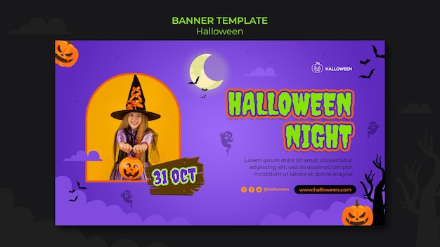 Plantilla de banner horizontal para halloween con niño disfrazado