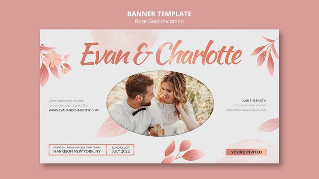 PSD gratuito plantilla de banner horizontal de invitación de boda de oro rosa con hojas