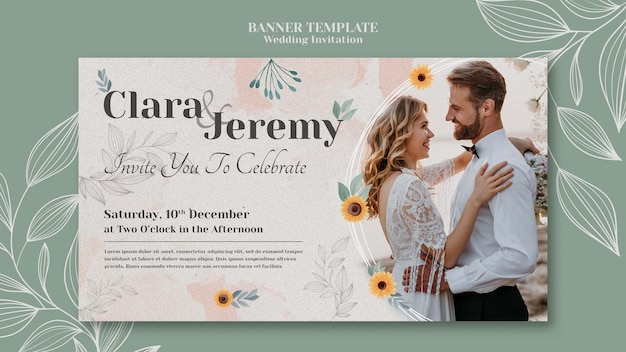 Plantilla de banner horizontal de invitación de boda con pareja y flores