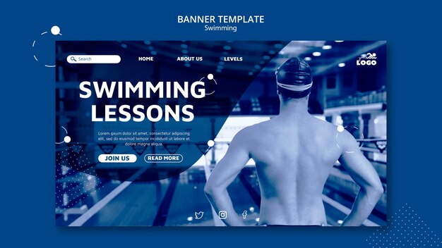 Plantilla de banner horizontal de lecciones de natación con foto
