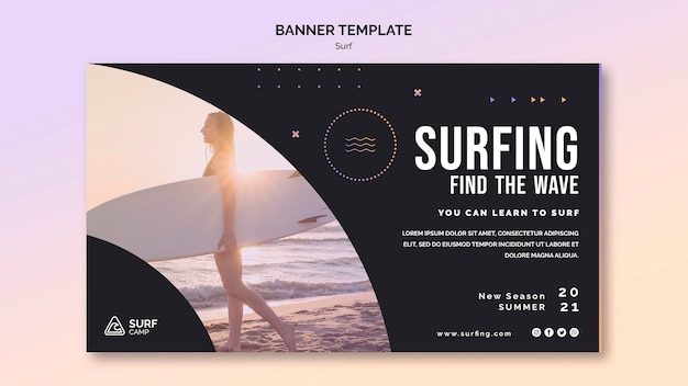 PSD gratuito plantilla de banner horizontal de lecciones de surf