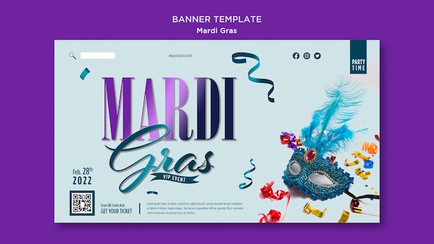 PSD gratuito plantilla de banner horizontal para mardi gras con máscara de carnaval