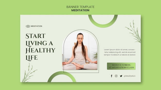 Plantilla de banner horizontal de mediación con mujer haciendo yoga