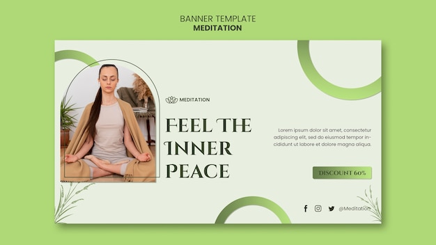 Plantilla de banner horizontal de mediación con mujer haciendo yoga