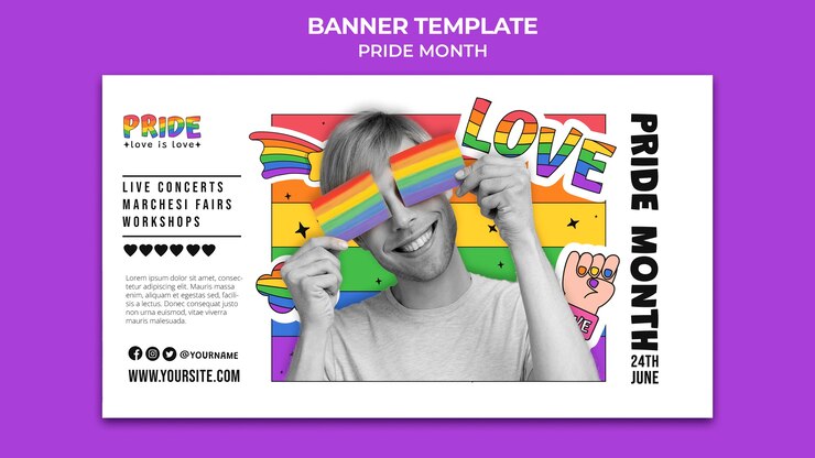 PSD gratuito plantilla de banner horizontal del mes del orgullo con colores del arco iris
