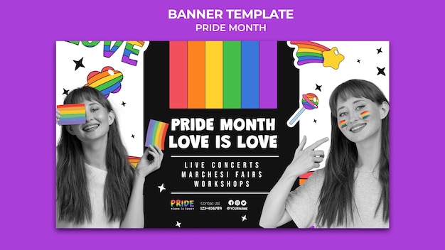 PSD gratuito plantilla de banner horizontal del mes del orgullo con colores del arco iris