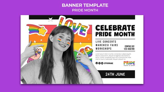 Plantilla de banner horizontal del mes del orgullo con colores del arco iris