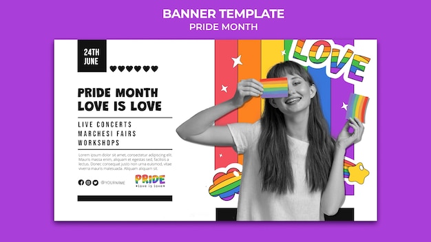 Plantilla de banner horizontal del mes del orgullo con colores del arco iris
